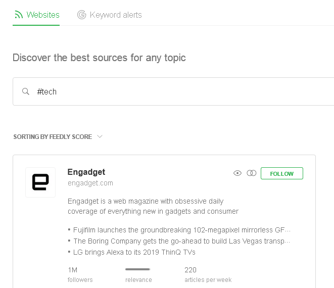 View of the follow screen in Feedly with Engaget shown in preview