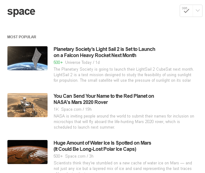 A list of space topic articles on Feedly
