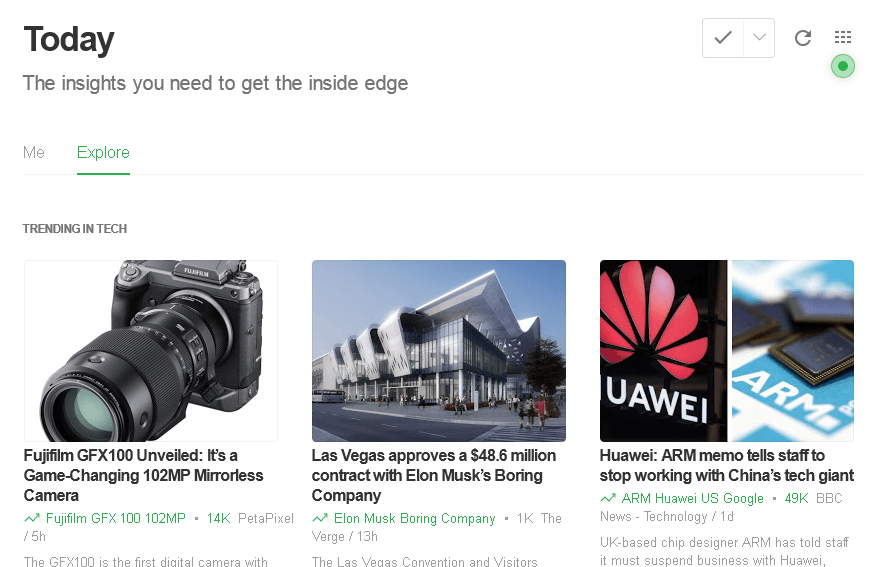 The Explore section from Feedly with trending tech articles shown.