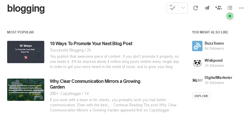 Popular articles about blogging are shown in Feedly