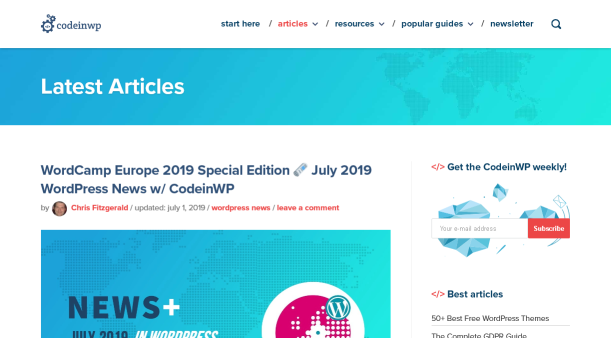 CodeinWP blog homepage screenshot.