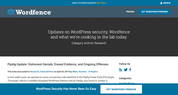 WordFence blog homepage screenshot.