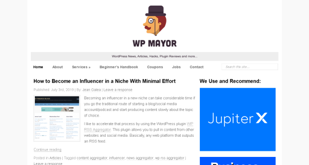 WP Mayor blog homepage screenshot.