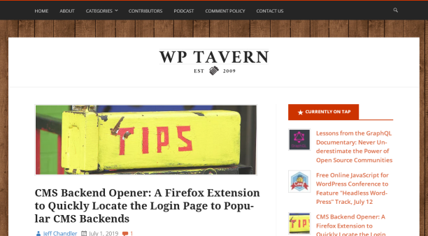 WP Tavern blog homepage screenshot.