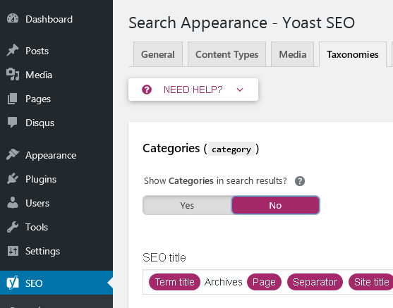 View of search appearance settings in Yoast