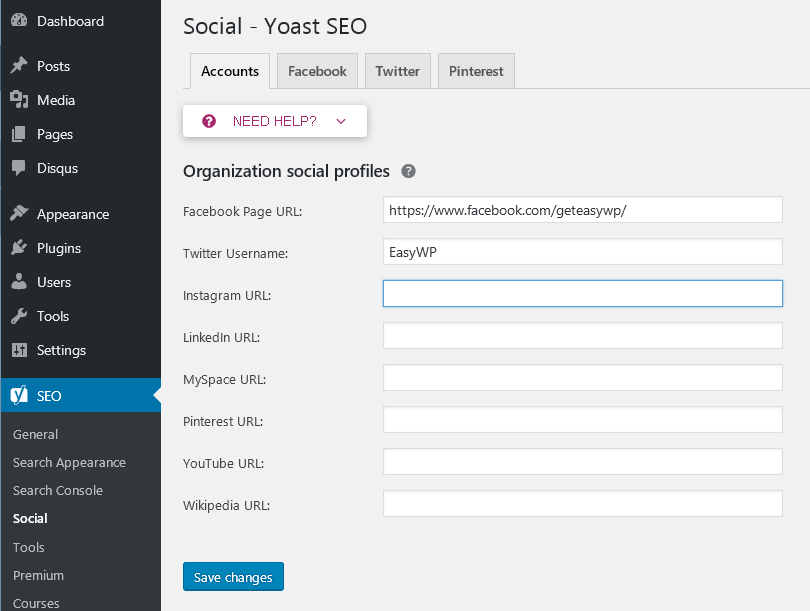 Social settings in Yoast