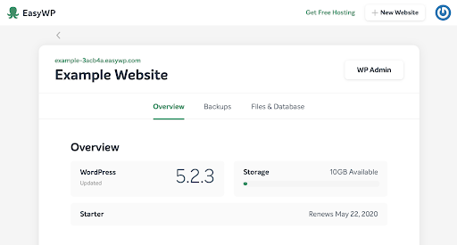 The EasyWP site dashboard