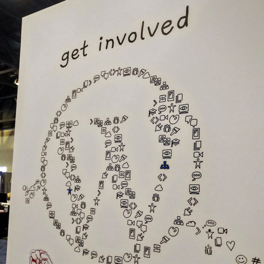 A WordPress-themed community art piece set up by the volunteers at WordCamp US 2019