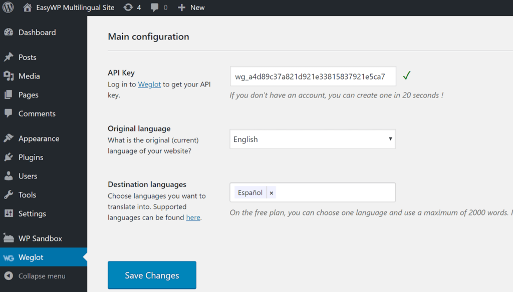 The API configuration screen from WordPress