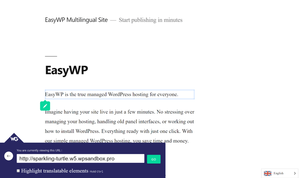 The hover popup within Weglot is shown in action on a WordPress site.