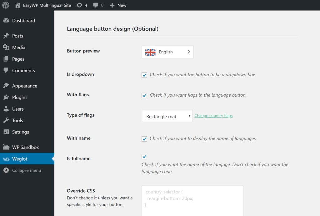 The Weglot WordPress settings dashboard.