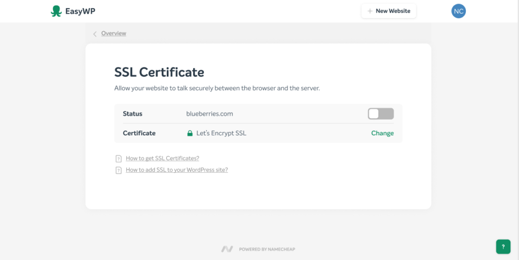 The menu screen for SSL certificate status in EasyWP.
