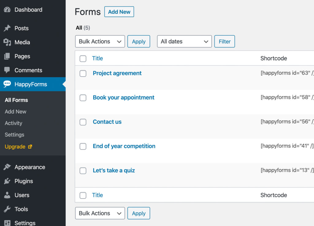 The Forms list in HappyForms
