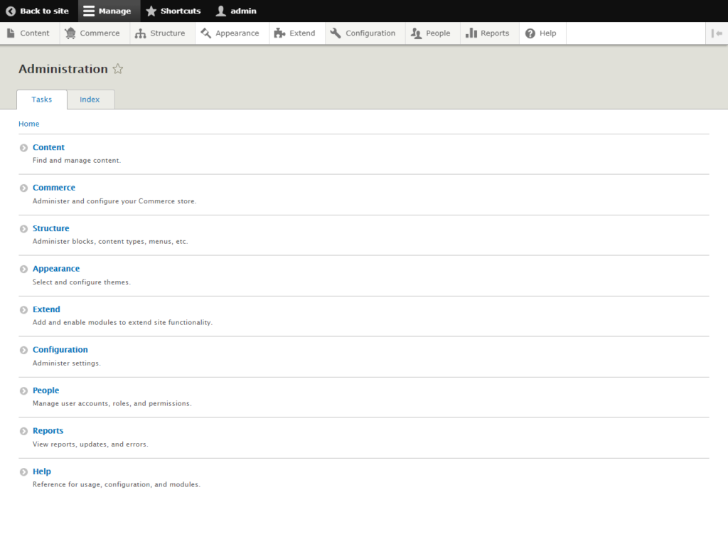 View of the Drupal admin screen