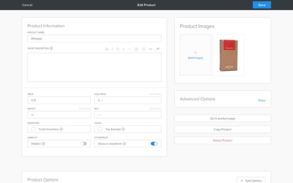 Screenshot of Weebly Product Editor