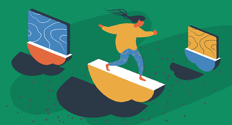 Creative drawing of a girl surfing on a cloud, to show the speed of cloud computing.