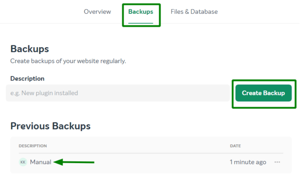 The Create Backup option in EasyWP with green button