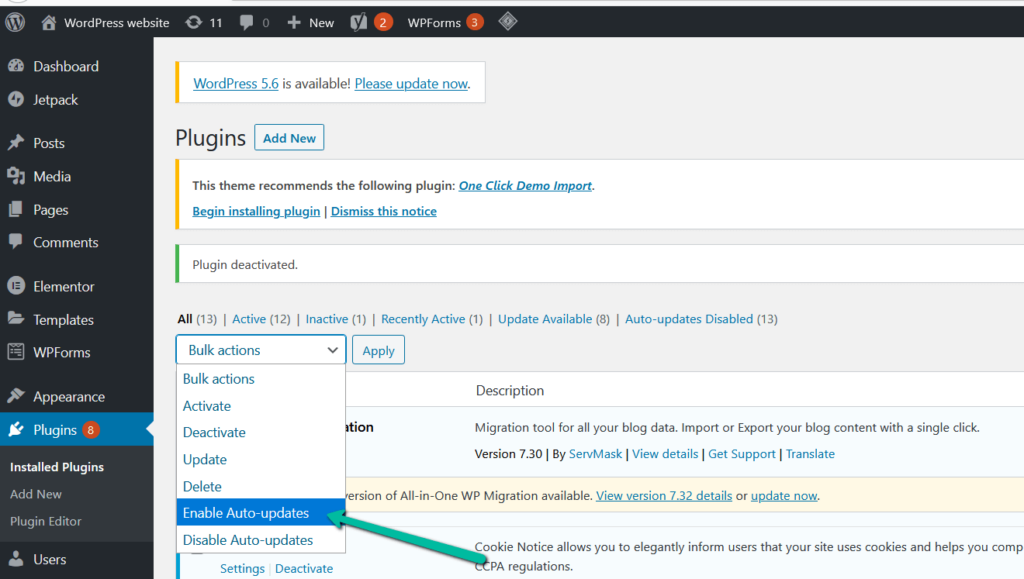 Green arrows point to the option to Enable auto-updates in WordPress.