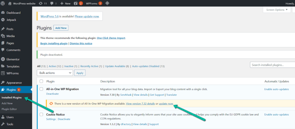 Green arrows point to options to update Installed plugins.