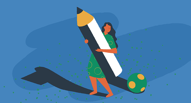 Drawing of a woman with a large pencil trying to write