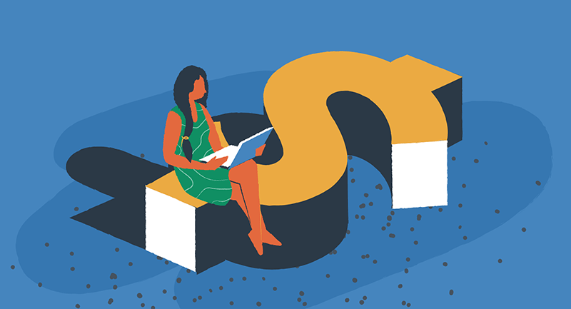 Drawing of a female blogger sitting on a money symbol.