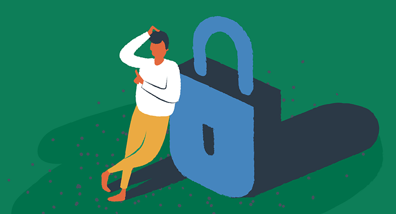 Drawing of many thinking about security while leaning on a padlock