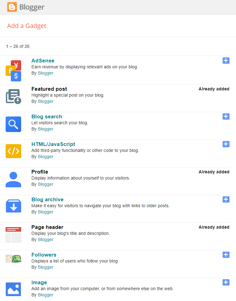 List of gadgets within Blogger