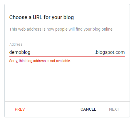 View of input for choosing a URL on Blogger