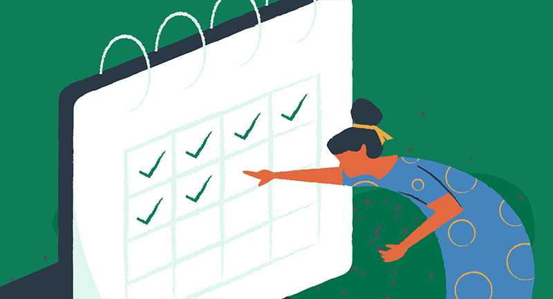 Drawing of a person checking off cache scheduling dates on a calendar. 