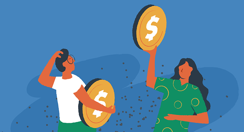 Drawing of a man and woman holding large coins to symbolize comparing prices of WordPress vs Joomla