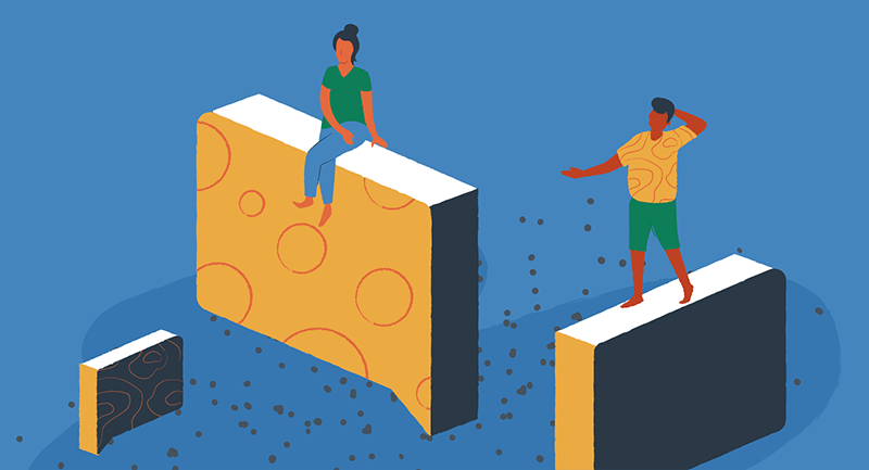 Drawing of two people standing on top of digital chat windows trying to get help with WordPress and Joomla.