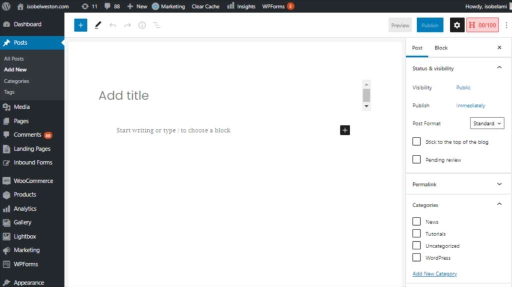 View of the New Post screen in WordPress