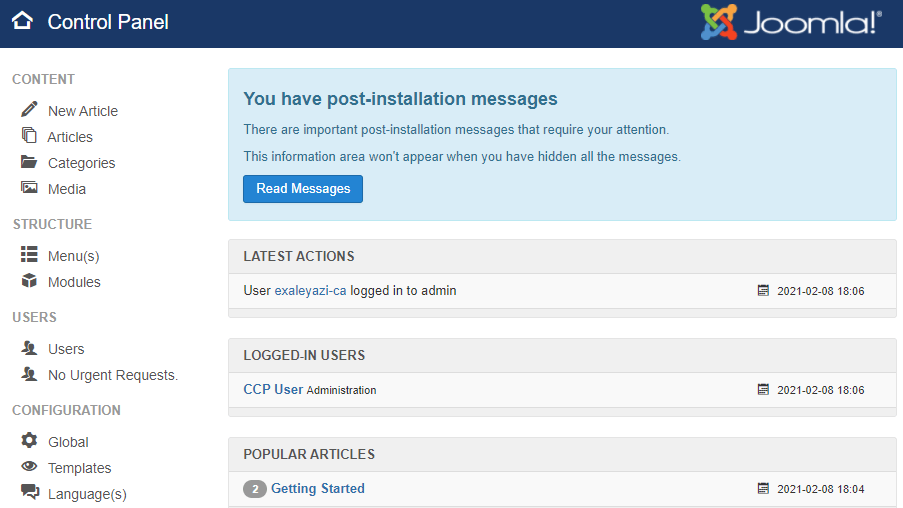 View of Joomla control panel