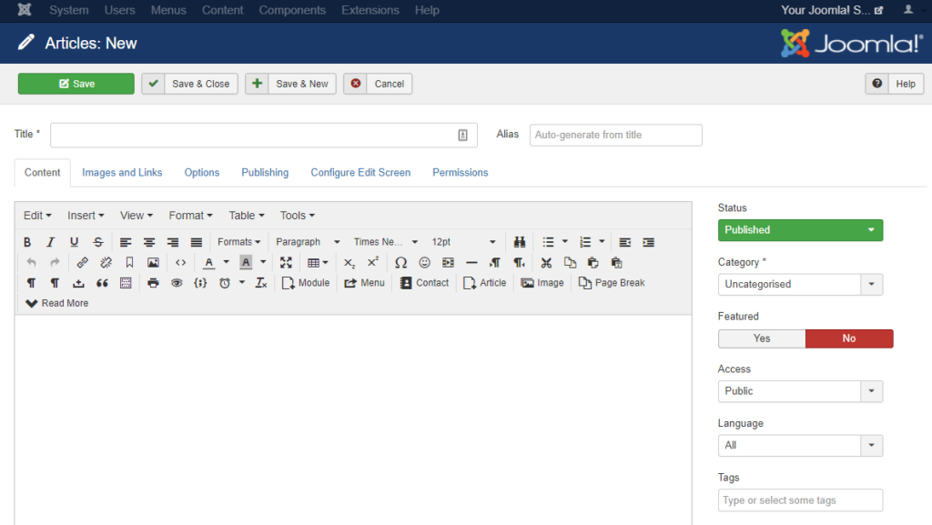 View of Joomla new articles input screen