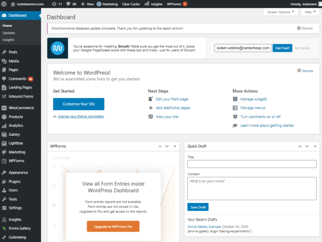 View of the WordPress dashboard