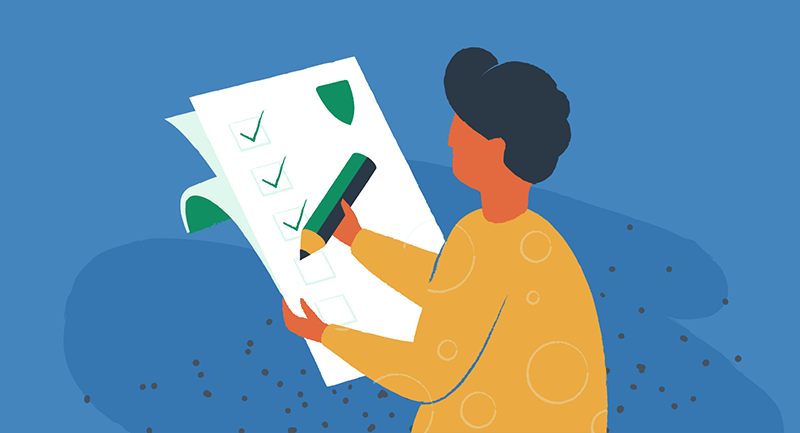 Drawing of person with a security checklist and large green pencil