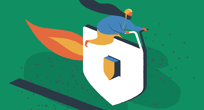 Drawing of person with a long beard riding a WordPress security icon.