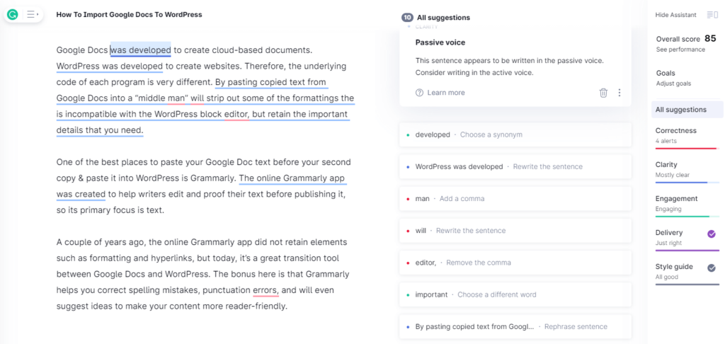 Screenshot of Grammarly document editor