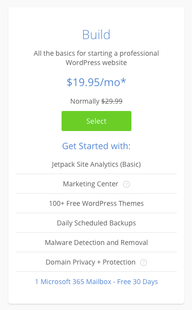 Example of Bluehost Build pricing screen