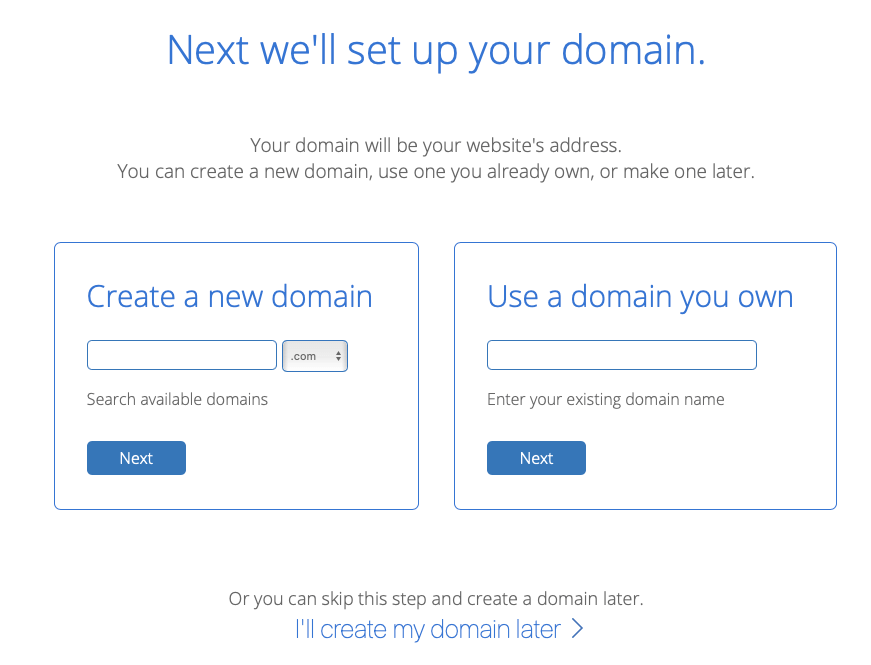 The domain setup screen from Bluehost