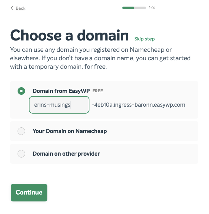 The Choose a domain screen in EasyWP