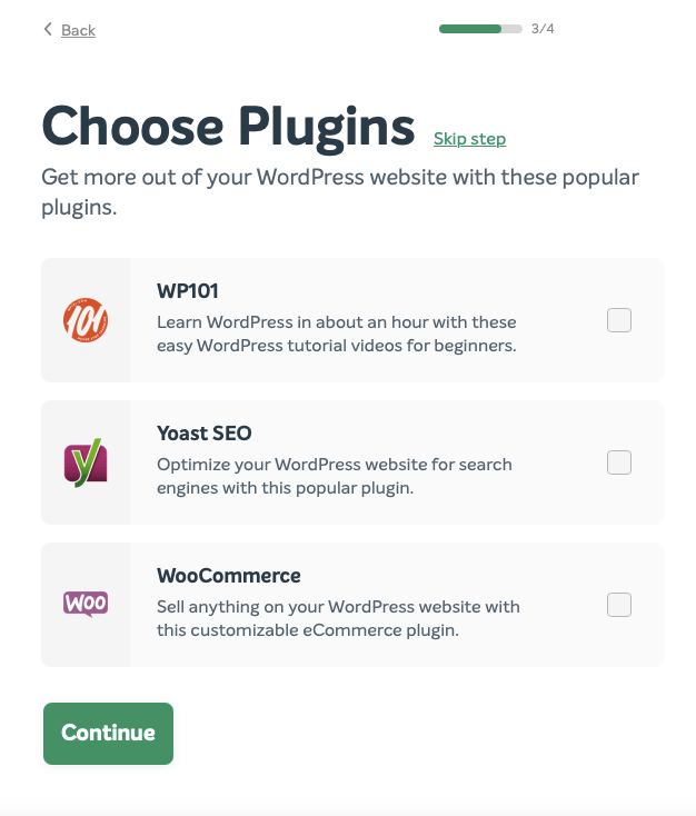 Options under Choose Plugins in EasyWP