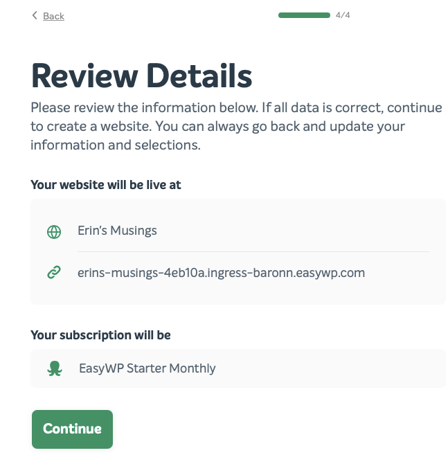 Screenshot of Review Details screen in EasyWP setup