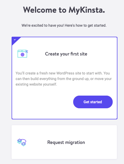 Welcome to MyKinsta screen