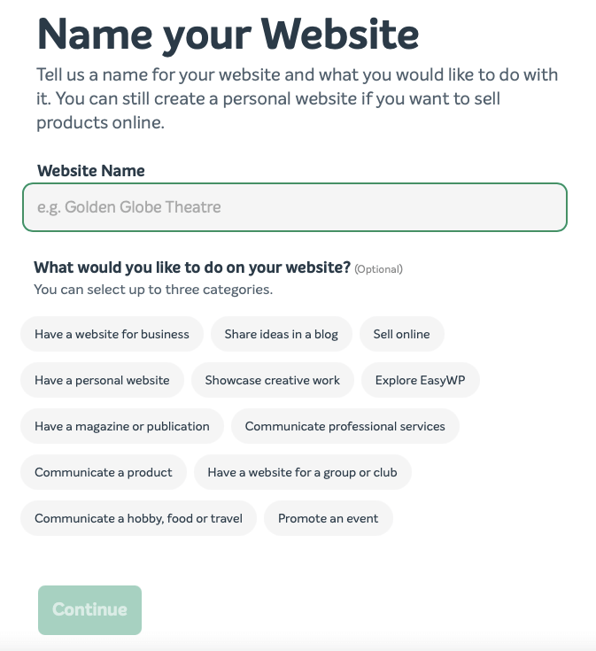 The Name your Website screen from EasyWP