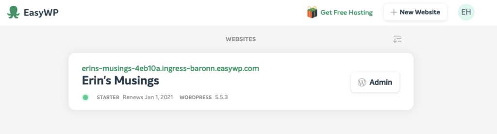 Screenshot from the EasyWP admin panel