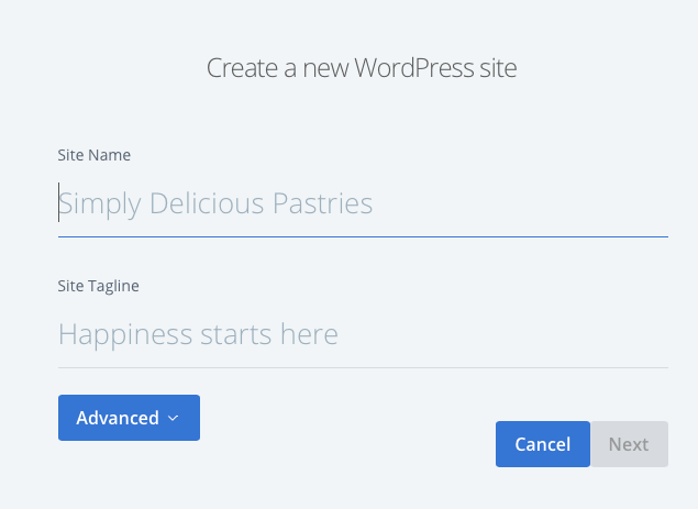 An empty Create a new WordPress site form from Bluehost