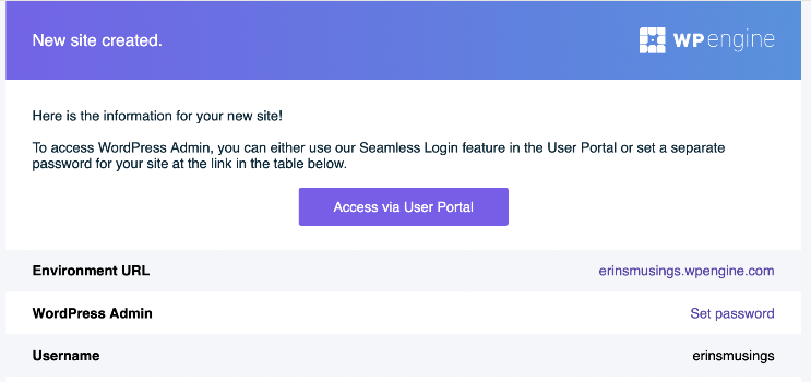 A WP engine new site created notificaiton