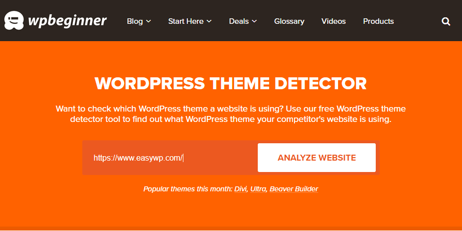 Screenshot of WPBeginner's WordPress Theme Detector page.