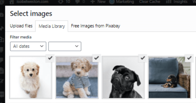 Images are selected within the WordPress Media Library. 
